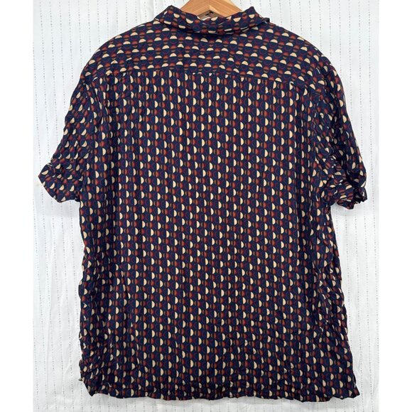Express Men Button Shirt Sz XL Navy Geometric Print Short Slv Rayon Modern Artsy - Picture 2 of 9